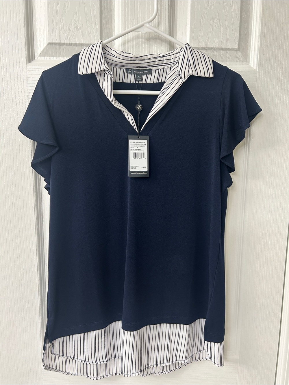 Adrianna Papell Navy Faux Two-Piece Blouse with Striped Collar